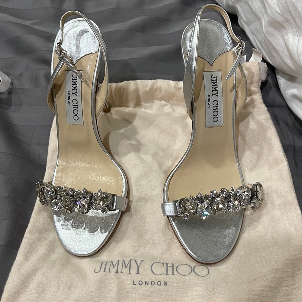 Jimmy Choo Silver Crystal Embellished Heel 38 Bridal wedding shoe in great shape